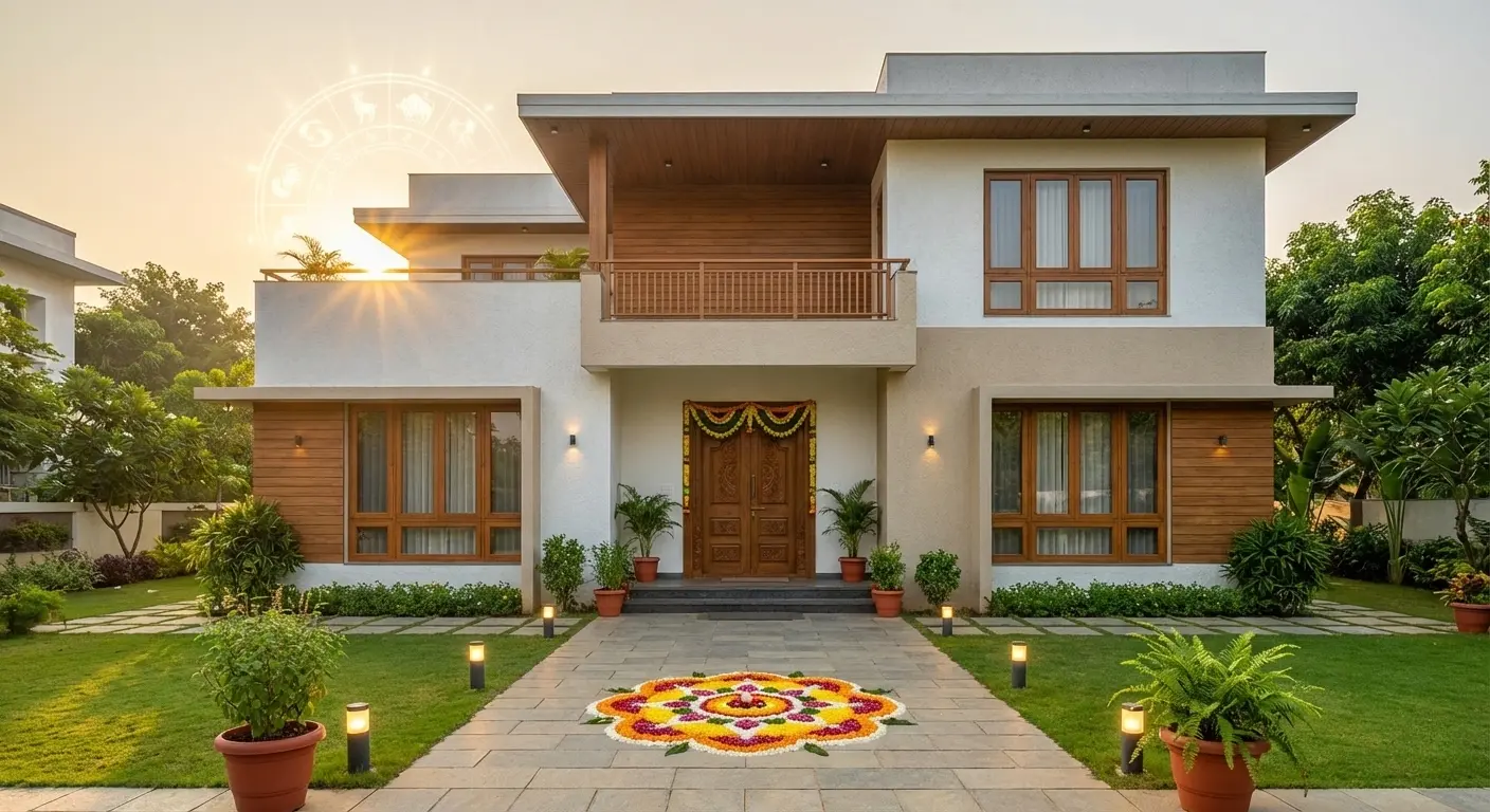 Residential Vastu Expert in Gurgaon showcasing a vastu-compliant modern home entrance with balanced design, natural light, greenery, and positive energy flow